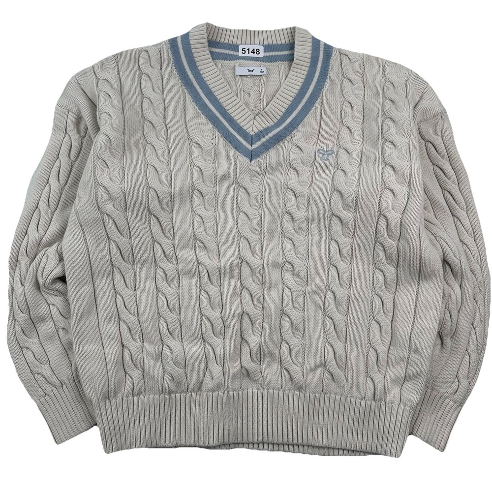 TNA Aritzia Cable Knit Cricket Sweater Womens Small V Neck Preppy Cream 81005